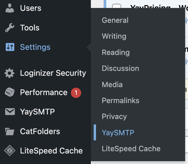configuración de yaysmtp en el tablero de wordpress