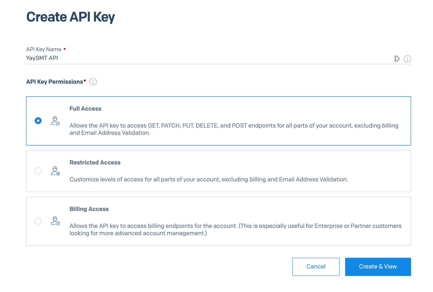 Configuración de yaysmtp: creación de una clave api