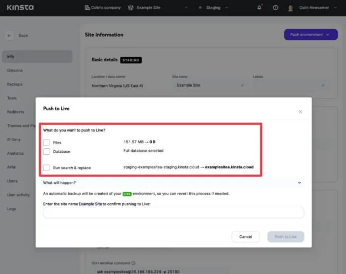 Herramienta de inserción de puesta en escena de Kinsta