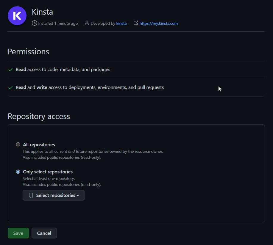 Elegir qué permisos de GitHub otorgar a Kinsta.