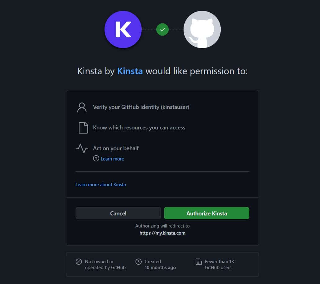 Autorizando Kinsta en GitHub.