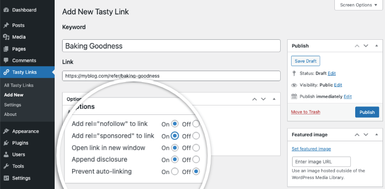 tasty links in wp admin