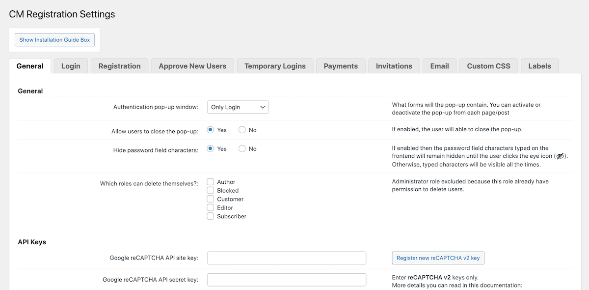 CM Registration Pro: Einstellungen Allgemein