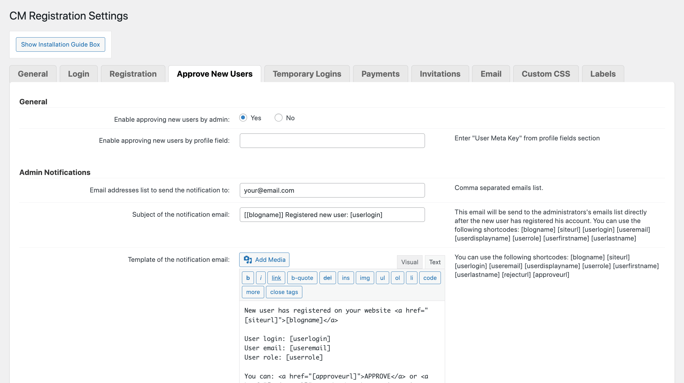 CM Registration Pro: Einstellungen Benutzer genehmigen