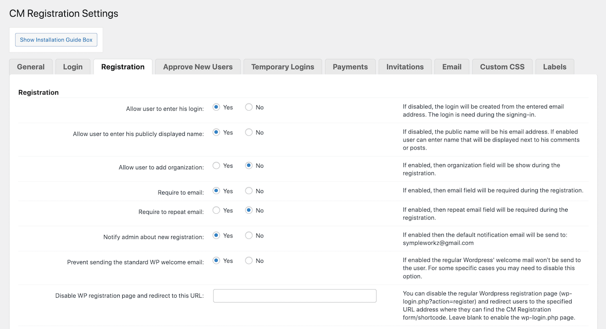 CM-Registrierung Pro: Einstellungen Registrierung