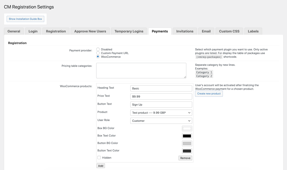 CM Registration Pro: Einstellungen Zahlungen