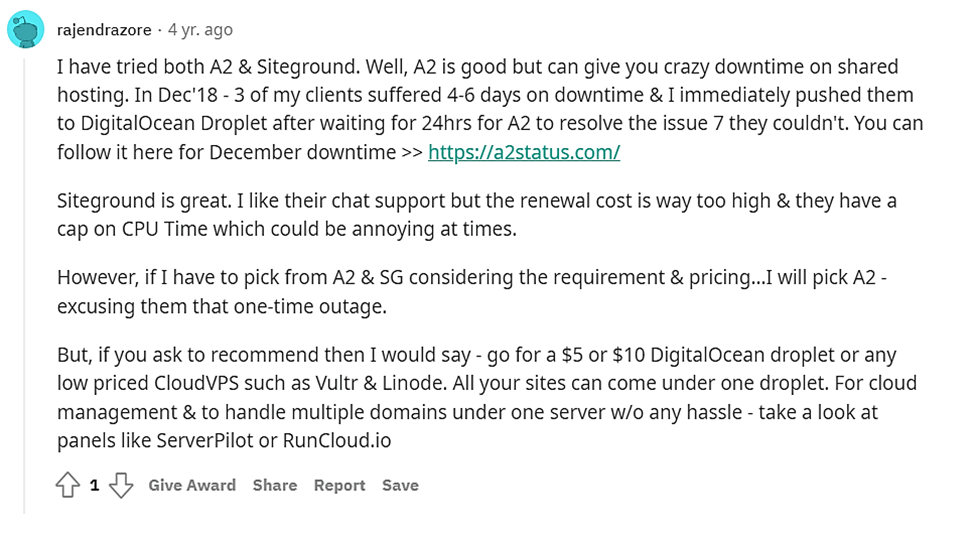 A2 Hosting-Meinung von Reddit