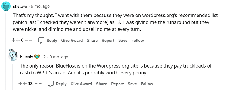 Bluehost-Meinung von Reddit