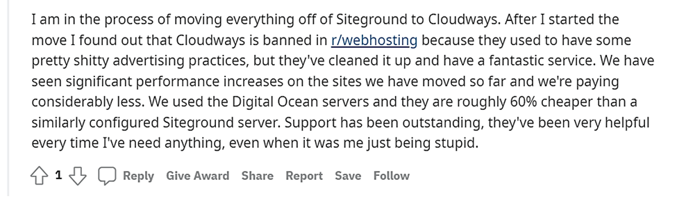 Cloudways Meinung von Reddit