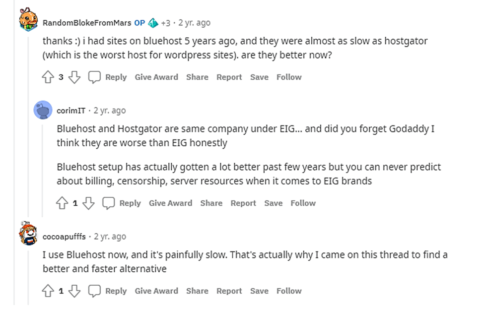 Bluehost-Meinung von Reddit