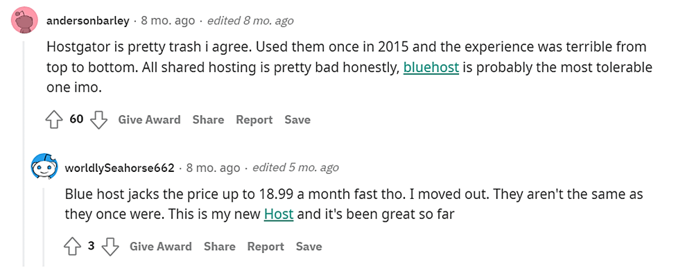 HostGator-Meinung von Reddit