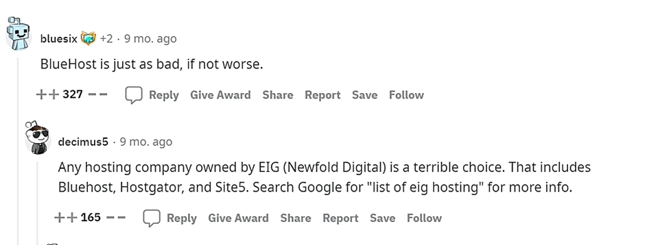 Bluehost-Meinung von Reddit