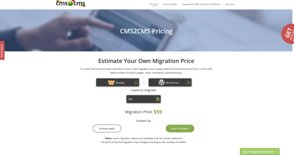 Weebly to WordPress- cms2cms pricing