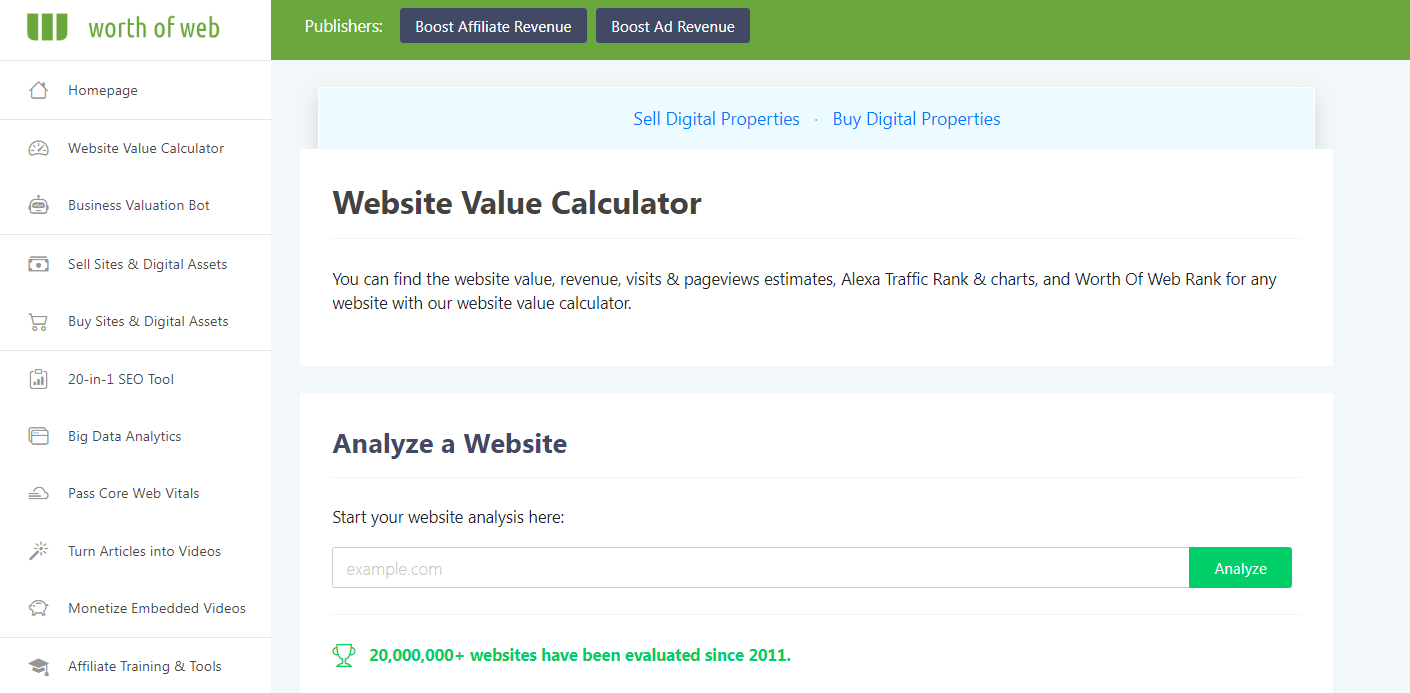 Cómo vender un sitio web: calculadora del valor del sitio web de Worth of Web