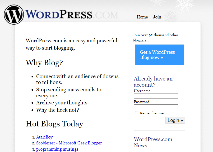 ウェブサイトビルダーの初期の歴史において、2006 年に WordPress.com がどのように見えたか。