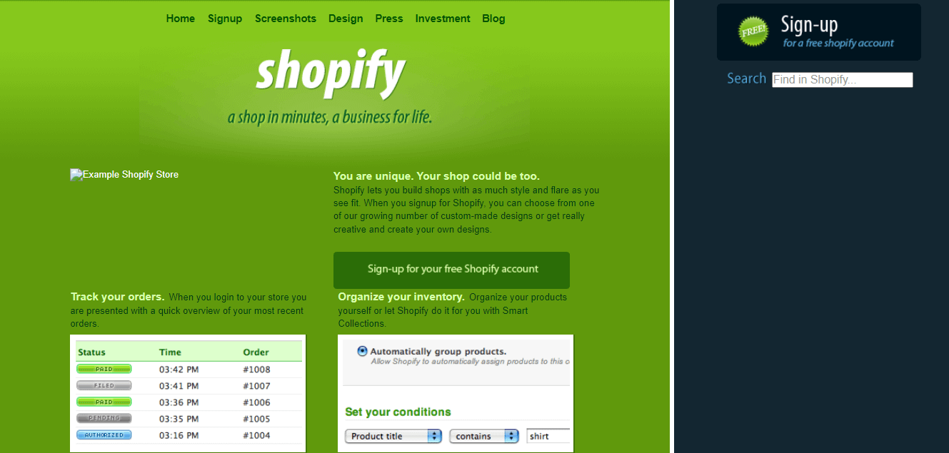 A página inicial do Shopify em 2006 é um marco na história dos criadores de sites e também do comércio eletrônico.