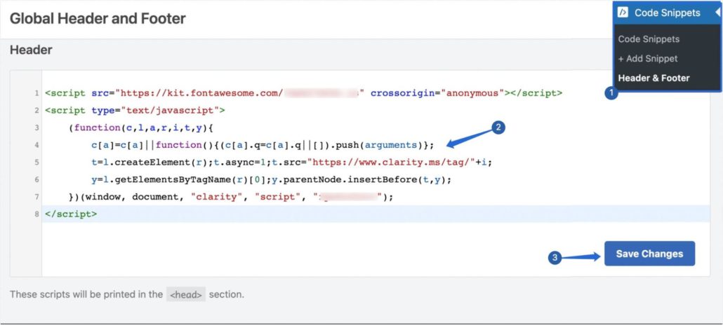 Paste microsoft clarity tracking code into Header block