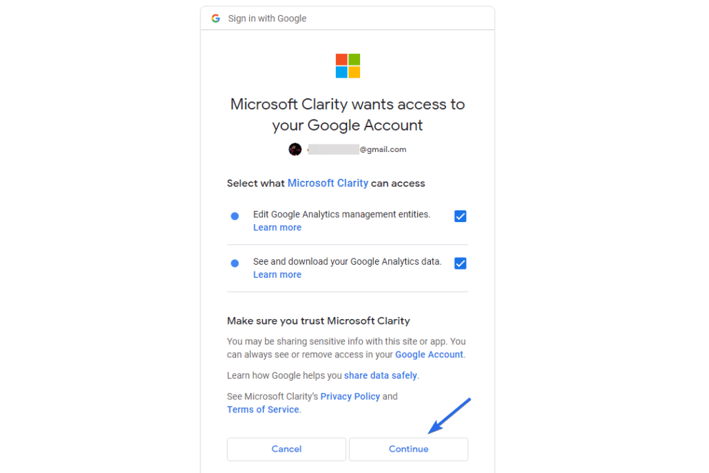 Grant microsoft clarity access to google account and analytics data