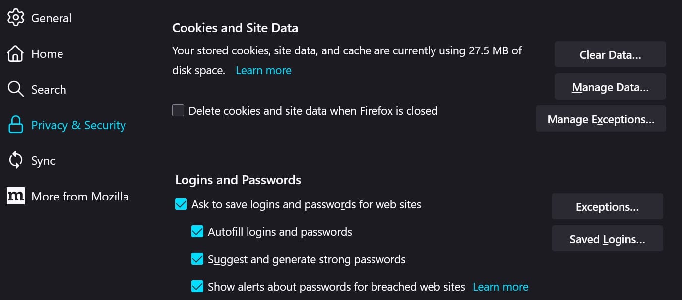 Pliki cookie i dane witryn w przeglądarce Mozilla Firefox