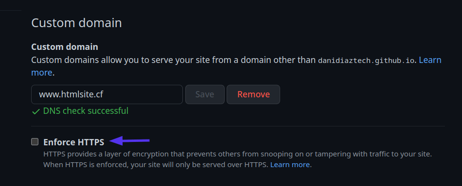 قسم المجال المخصص مع علامة "تحقق DNS بنجاح" ، وزر فرض HTTPS.