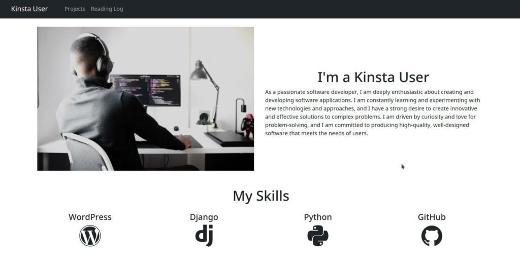 تعرض صفحة Bootstrap شريط التنقل مع العلامة التجارية "Kinsta User" ، وصورة لمطور برامج ووصف وقسم من المهارات بما في ذلك WordPress و Django و Python و GitHub.