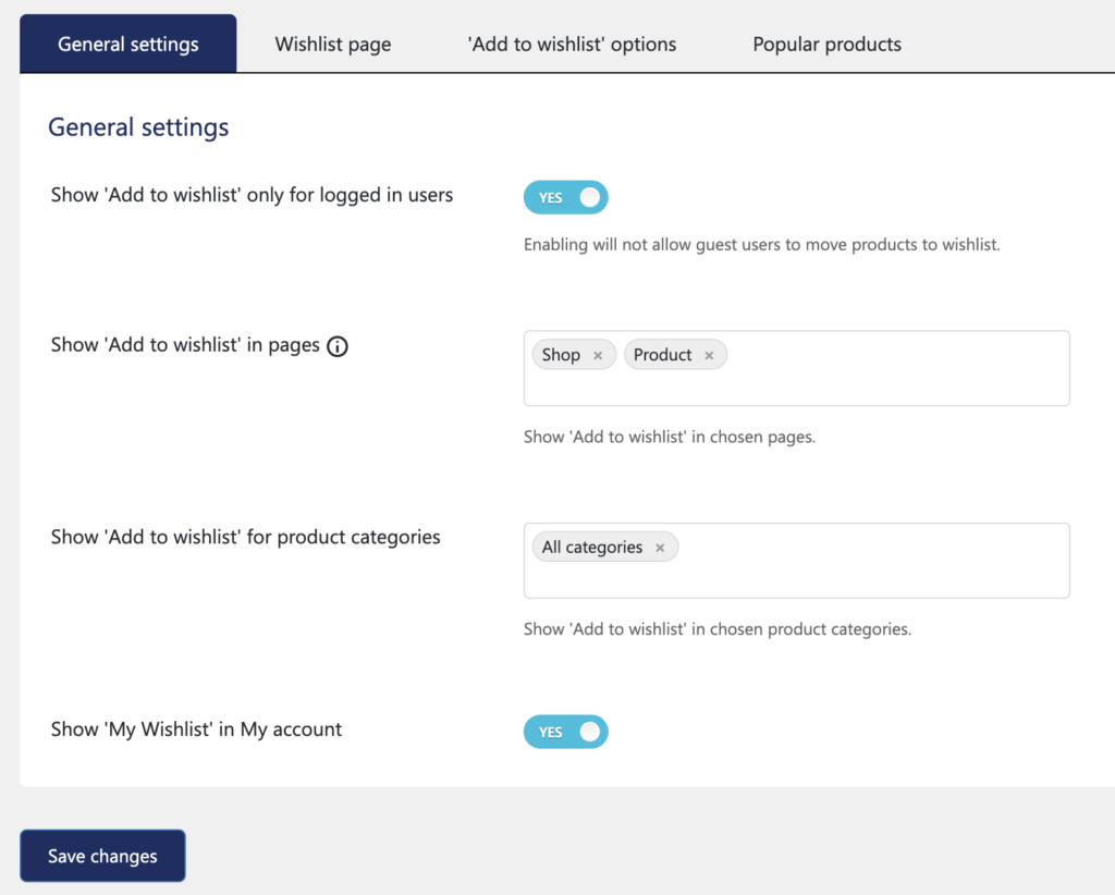 Configuración general para las listas de deseos de WooCommerce