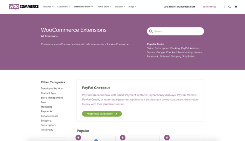 Página de extensiones de WooCommerce