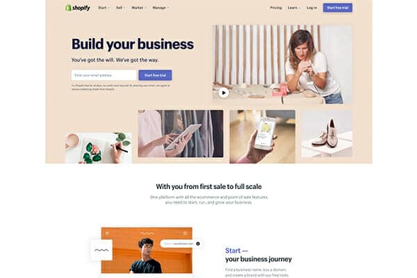 Una captura de pantalla de la página de inicio de Shopify.