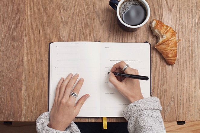 diseño por volante ingresos recurrentes mujer de negocios independiente escribiendo en el planificador con café y bocadillos en la mesa de madera