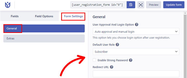 Configuración general para el formulario de registro