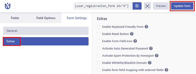 Configuración de extras para el formulario de registro