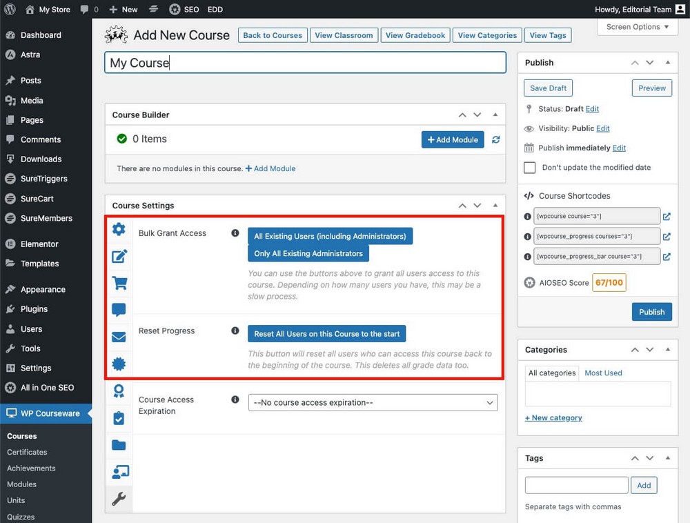 Acceso de concesión masiva de WP Courseware