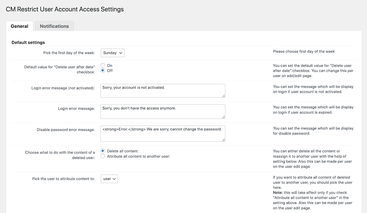 CM Restringir el acceso a la cuenta de usuario: Configuración General