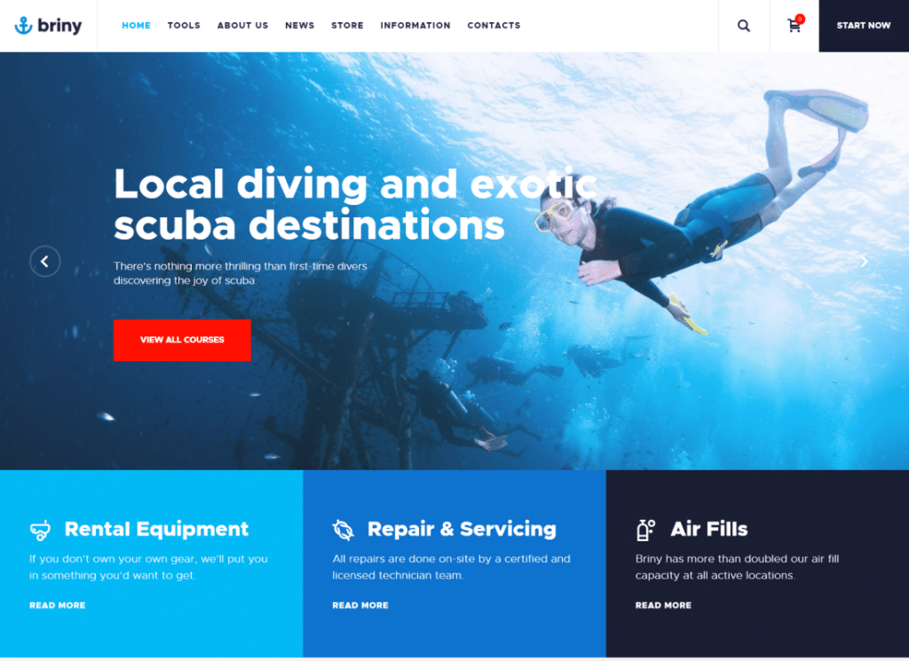 Briny - 스쿠버 다이빙 학교 및 수상 스포츠 WordPress Theme