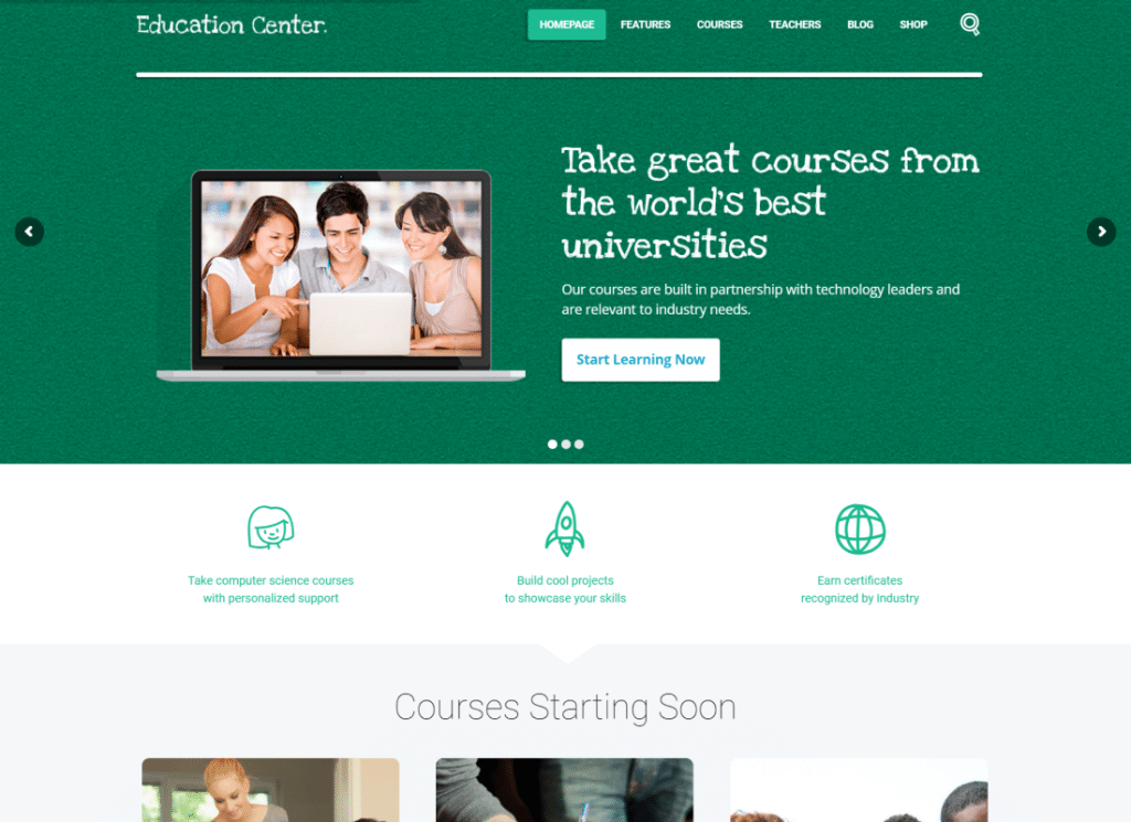 교육 센터 - WordPress 테마를 공부하는 LMS 온라인 대학 및 학교 과정