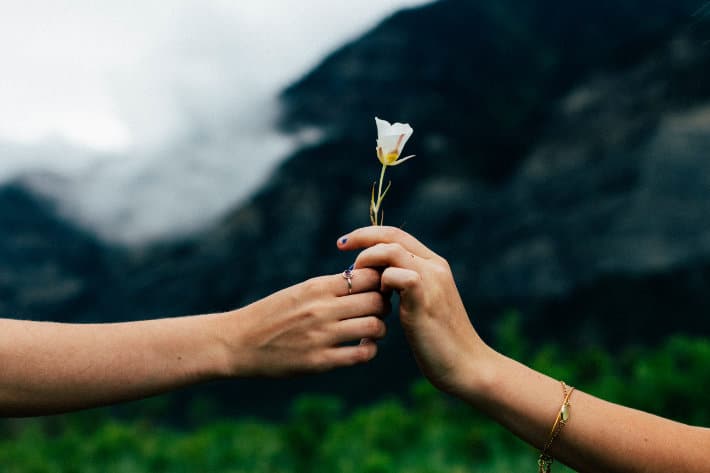 Jemand überreicht jemand anderem eine Blume