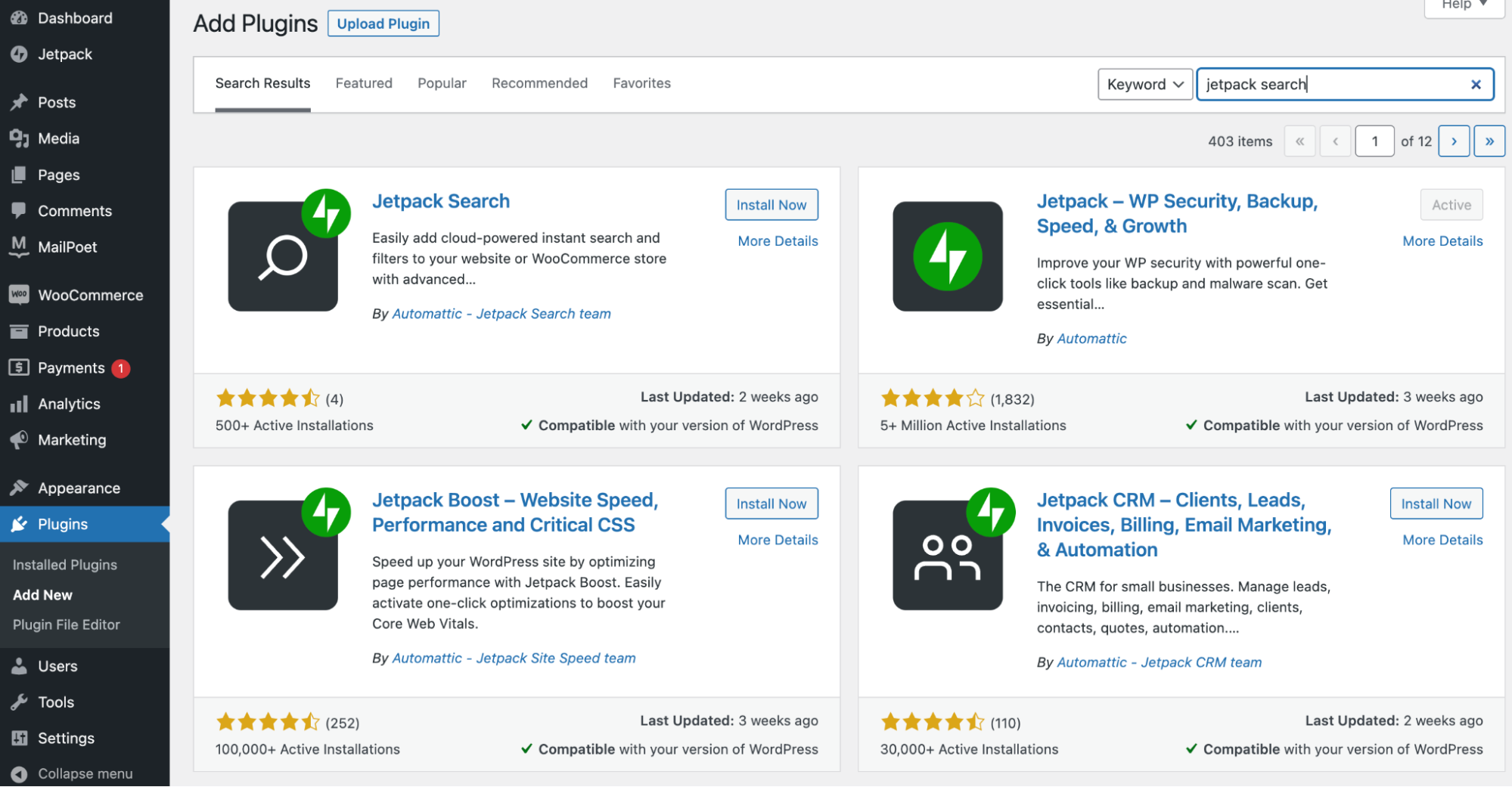 Jetpack-Suche im WordPress-Plugin-Repository