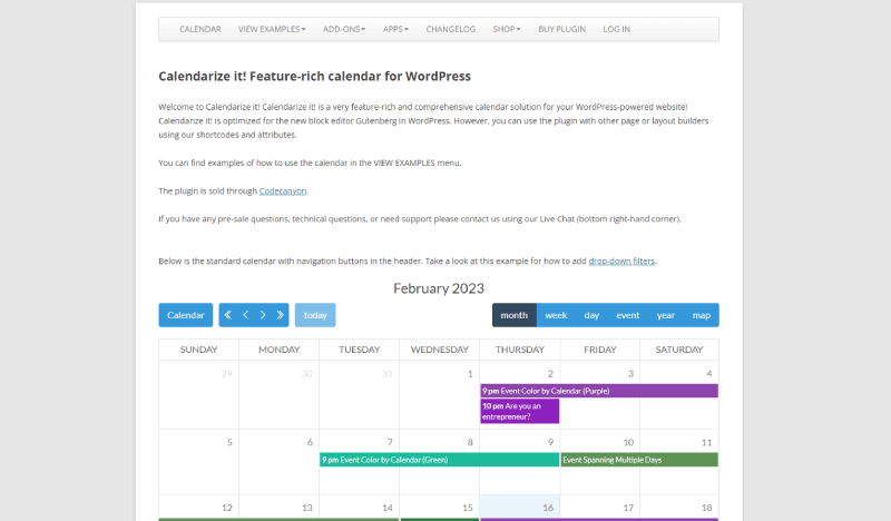 Calendarize etkinlik eklentisi web sitesi ekran görüntüsü