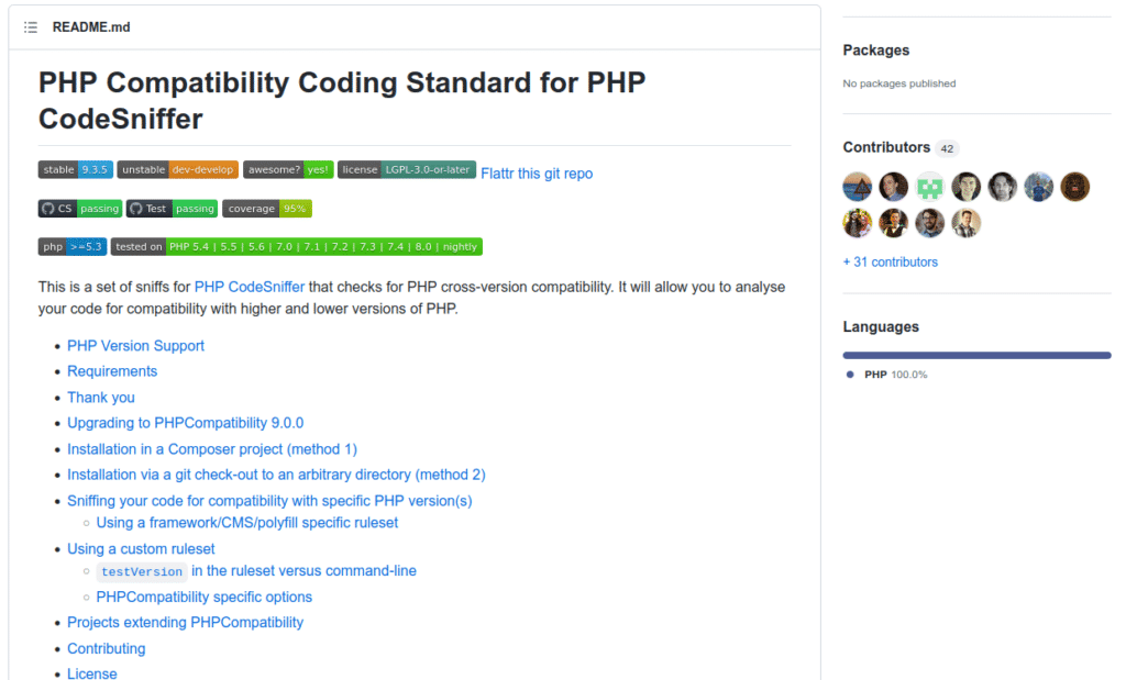 PHPCompatibility GitHub sayfasından ekran görüntüsü