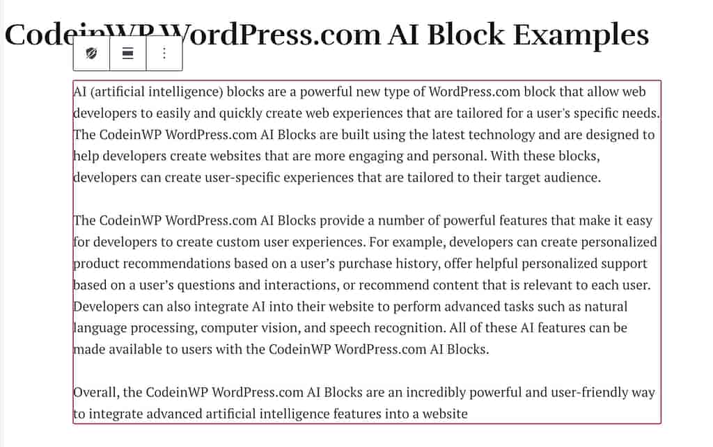 Blocco del contenuto di testo AI di WordPress.com