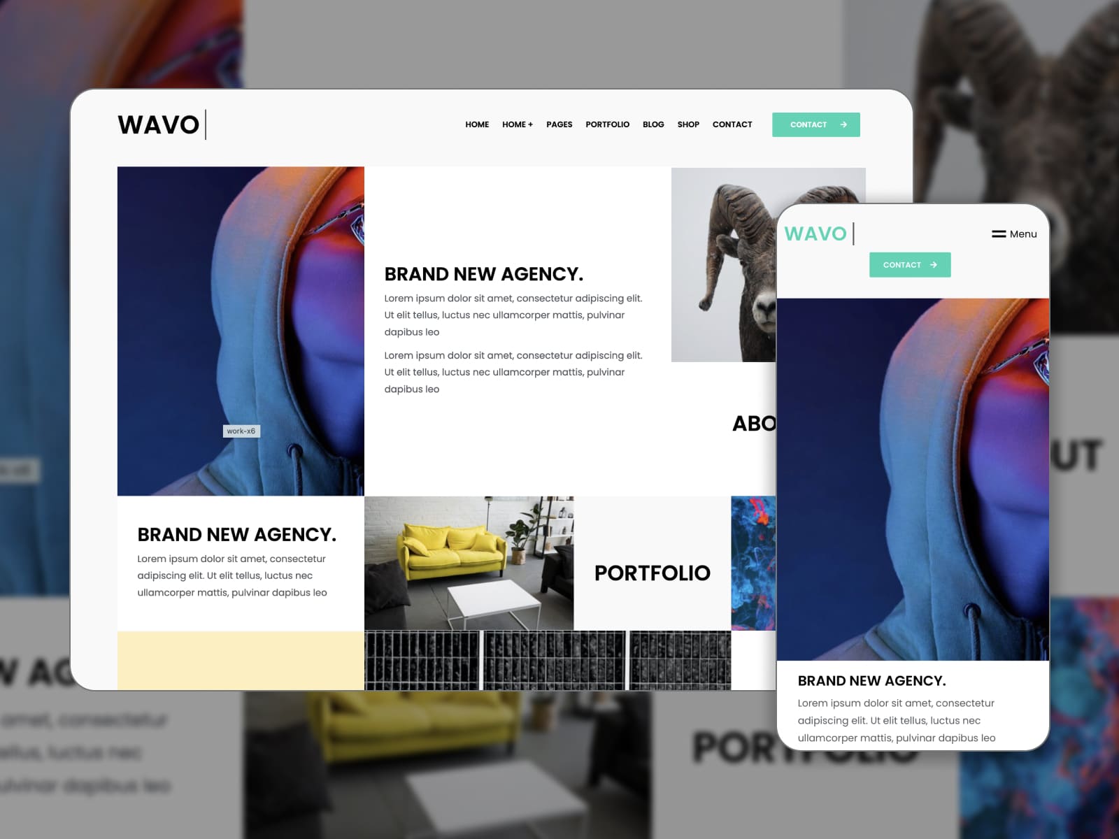 Collage der Demoseite des WordPress-Portfolio-Wave-Themes.