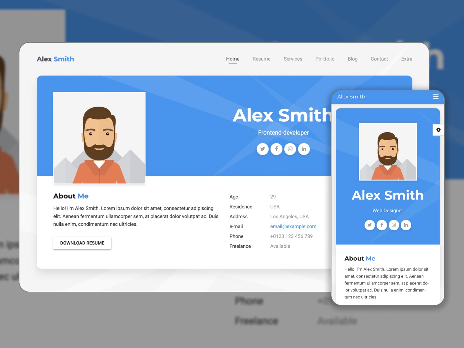 Collage der CV-Demo-Website, die mit dem Aveo WordPress-Theme erstellt wurde.