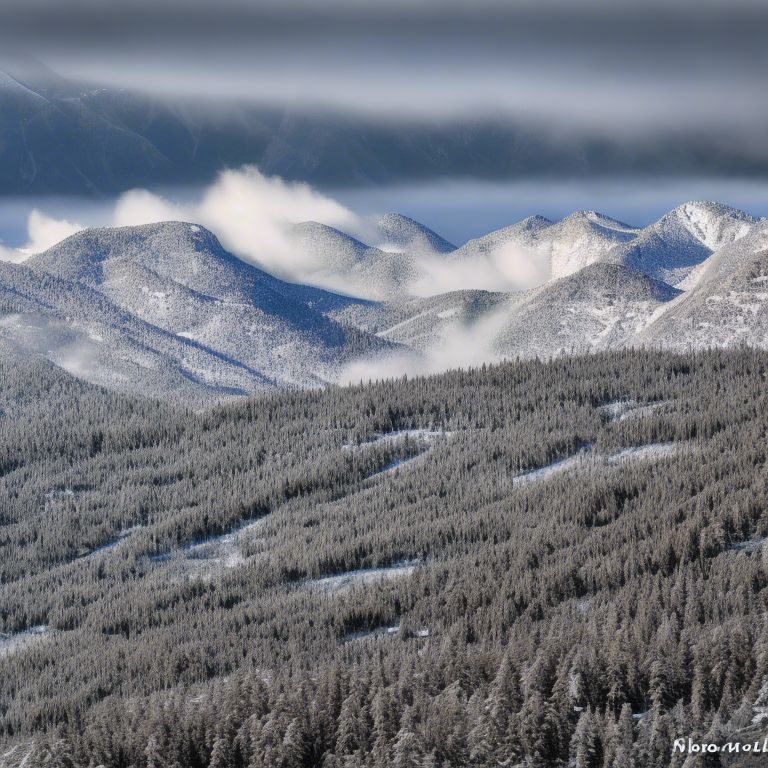 AI Image Lab によって生成されたプロンプト ウェイト付けなしの画像の例、雲のある雪山が特徴