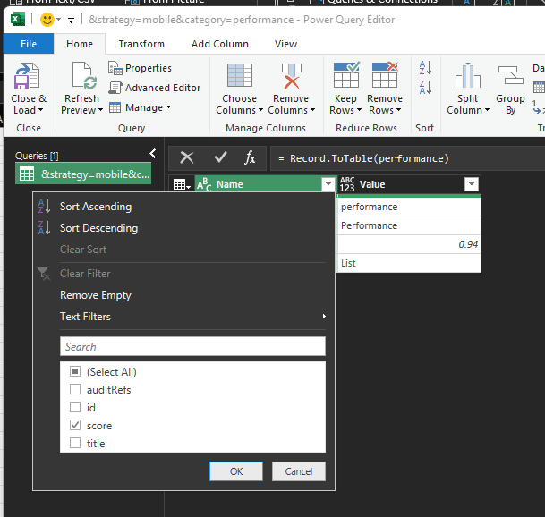 Excel importierte Tabellenfilterung