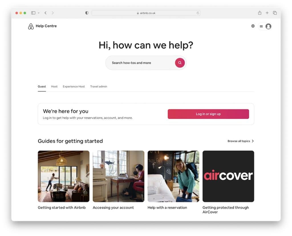 مثال على صفحة مركز المساعدة في airbnb