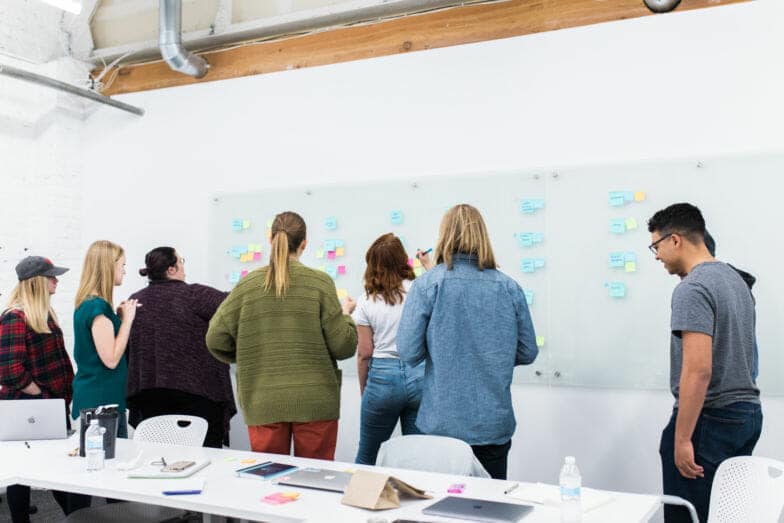 eine Gruppe von acht Mitarbeitern Brainstorming-Ideen an einem Whiteboard