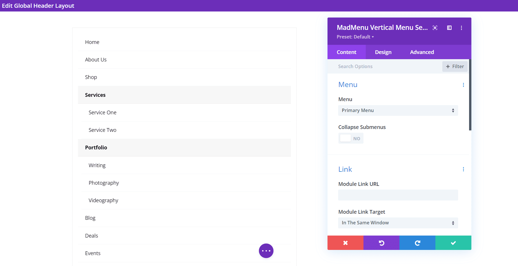 Opciones de diseño de Divi MadMenu