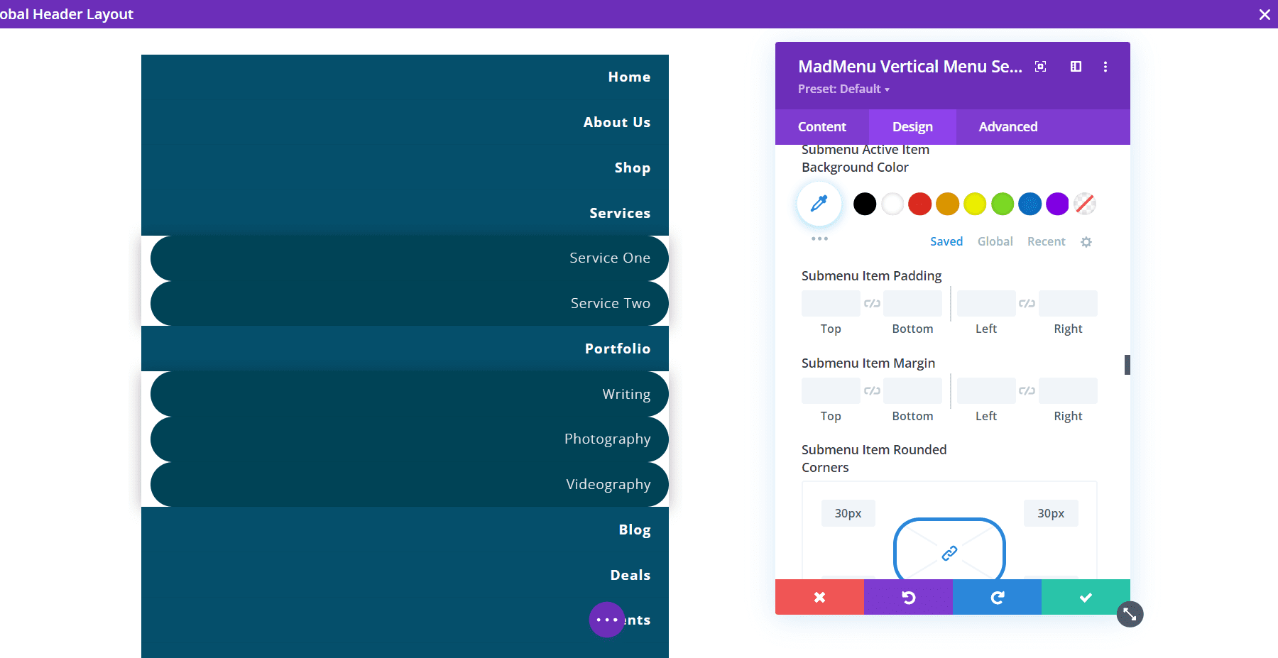 Opciones de diseño de menú vertical de Divi MadMenu