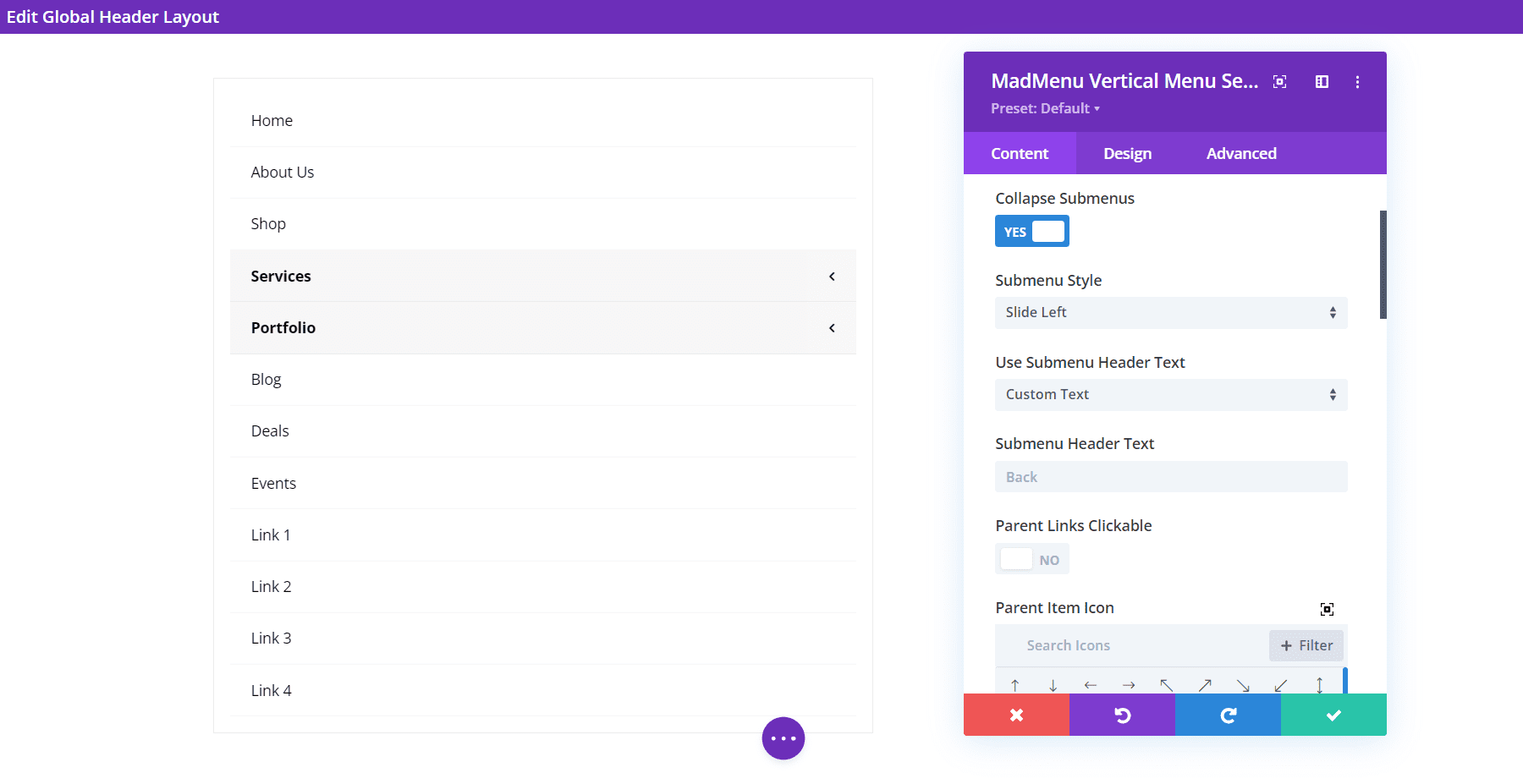 Opciones de diseño de Divi MadMenu