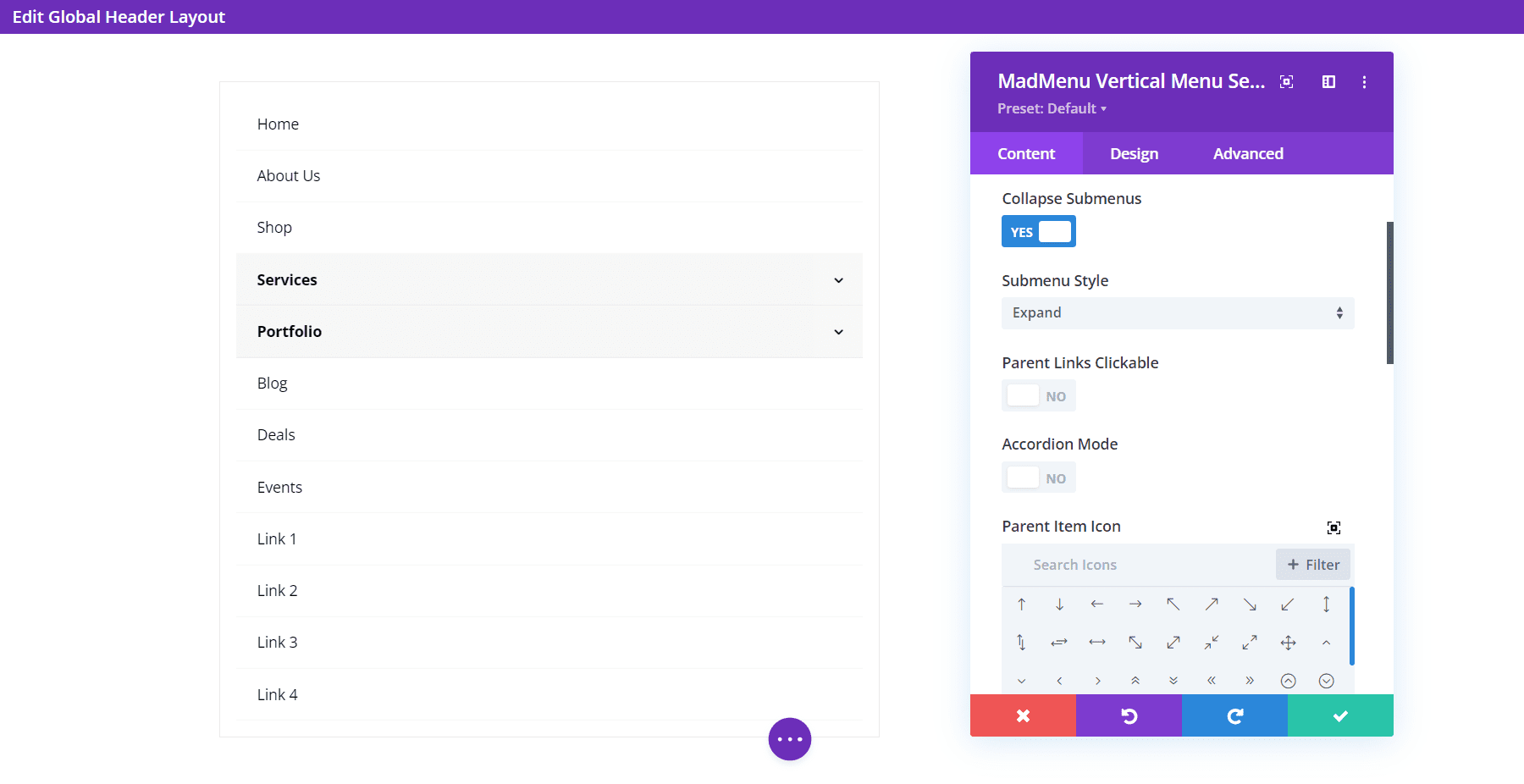 Opciones de diseño de Divi MadMenu